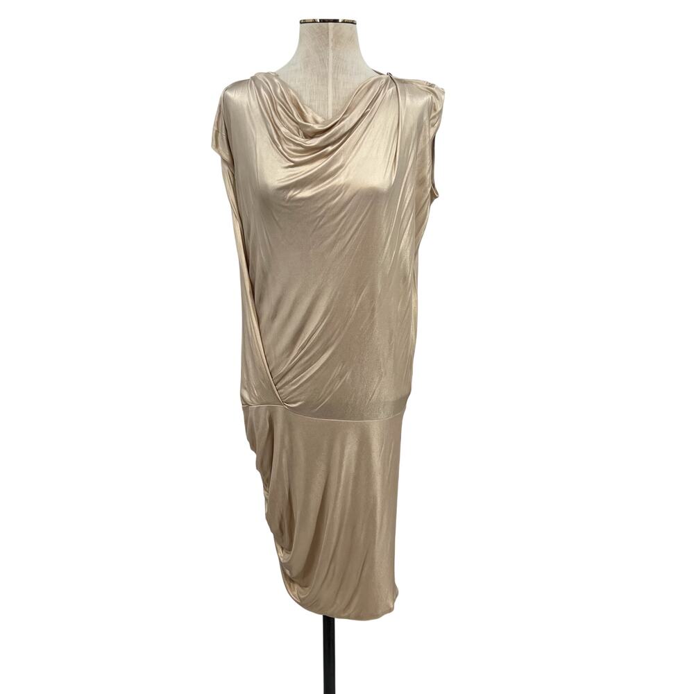 AllSaints Elsbeth Drape Dress Gold Satin‎ Cowl Neck Asymmetrical US 4 UK 8